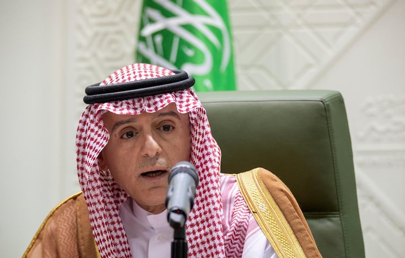 Saudi Foreign Minister Adel Al-Jubeir gives a press conference in the capital Riyadh on August 8, 2018. (Photo by Nasser al-Harbi / AFP)