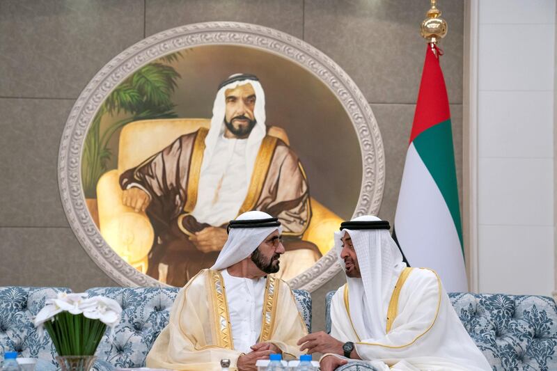 ABU DHABI, UNITED ARAB EMIRATES - June 04, 2019: HH Sheikh Mohamed bin Zayed Al Nahyan, Crown Prince of Abu Dhabi and Deputy Supreme Commander of the UAE Armed Forces (R), receives HH Sheikh Mohamed bin Rashid Al Maktoum, Vice-President, Prime Minister of the UAE, Ruler of Dubai and Minister of Defence (L), during an Eid Al Fitr reception, at Mushrif Palace.

( Hamad Al Kaabi  / Ministry of Presidential Affairs )
---