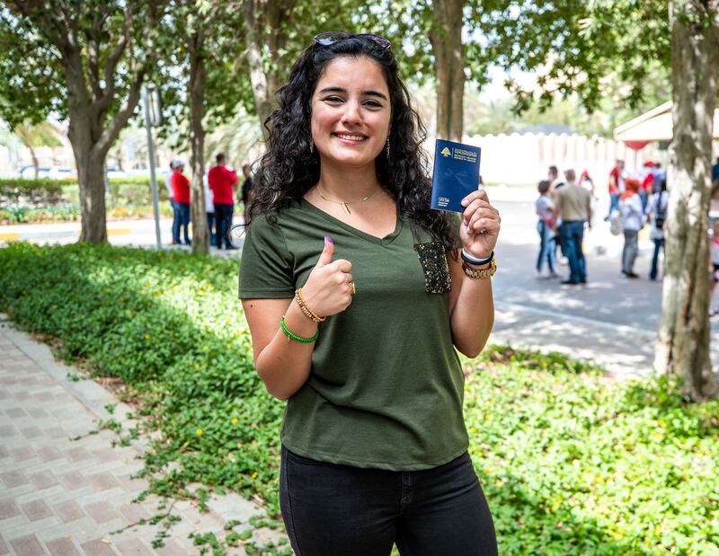 Dima Alameddine after casting her vote at the Embassy of Lebanon in Abu Dhabi. Victor Besa / The National