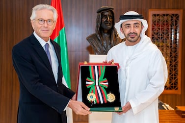Sheikh Abdullah bin Zayed, Minister of Foreign Affairs and International Cooperation, presents the Order of Independence, First Class,to Patrizio Fondi, the EU ambassador to the UAE, in Abu Dhabi, on Thursday. Wam