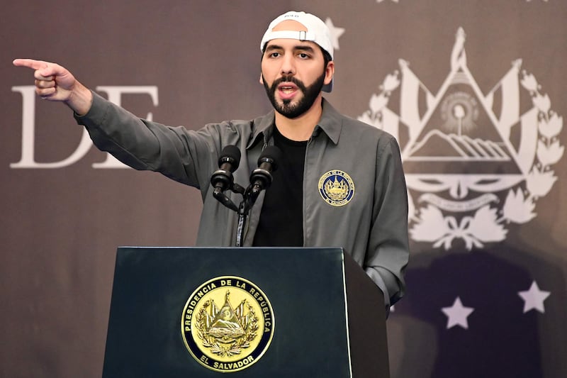 Salvadoran President Nayib Bukele delivers a press conference at a hotel in San Salvador, on February 28, 2021. AFP