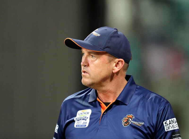 Abu Dhabi, United Arab Emirates - November 18, 2019: Arabians' coach Andy Flower goes to speak with the officials about a back foot no ball during the game between Maratha Arabians and Team Abu Dhabi in the Abu Dhabi T10 league. Monday the 18th of November 2019. Zayed Cricket Stadium, Abu Dhabi. Chris Whiteoak / The National
