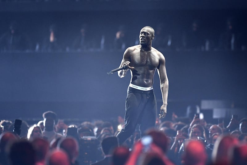 Stormzy performs at The Brit Awards 2018 held at The O2 Arena in London. Photo by Gareth Cattermole/Getty Images