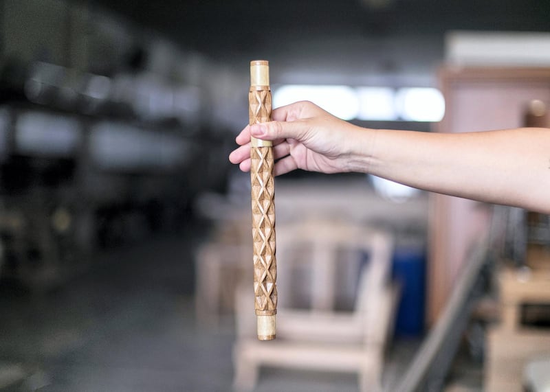 SHARJAH, UNITED ARAB EMIRATES. 7 SEPTEMBER 2019. 
Lana El Samman holds a sample of het table’s leg, produced in Aden wood and furniture factory.

Lana El Samman is currently a resident designer in Tashkeel’s Tanween program. The program is open to emerging designers, makers and artisans living and working in the UAE.


Lana El Samman is of Lebanese origin, and grew up in Beirut and later Canada, where she studied interior design followed by a Master’s degree at the Florence Institute of Design, Italy. Her career began as a teaching assistant at the American University of Sharjah before joining Sharjah Art Foundation, which has been her home for the past eight years working as an interior designer and then progressing to become a significant member of the production programme. In the SAF Production Programme, Samman has had the chance to further her furniture design practice and create pieces used by the Foundation for various events.

(Photo: Reem Mohammed/The National)

Reporter: KATE HAZELL
Section: WK