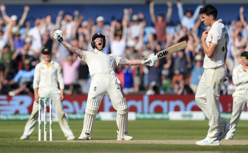 England's Ben Stokes celebrates victory on day four of the third Ashes cricket Test match against Australia at Headingley, Leeds, England, Sunday Aug. 25, 2019. (Mike Egerton/PA via AP)