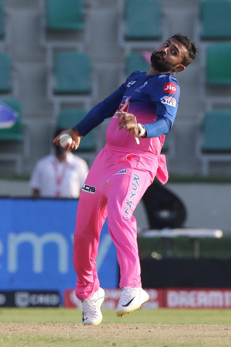 Shreyas Gopal of Rajasthan bowls during match 15 of season 13 of Indian Premier League (IPL) between the Royal Challengers Bangalore and the Rajasthan Royals at the Sheikh Zayed Stadium, Abu Dhabi  in the United Arab Emirates on the 3rd October 2020.  Photo by: Pankaj Nangia  / Sportzpics for BCCI