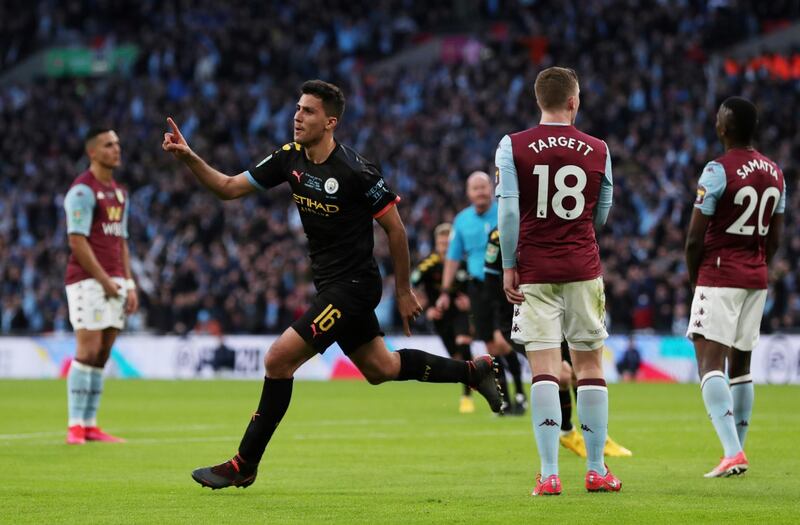 Rodri celebrates scoring Manchester City's second goal. City beat Villa 2-1 to win the League Cup title on March 1. Reuters