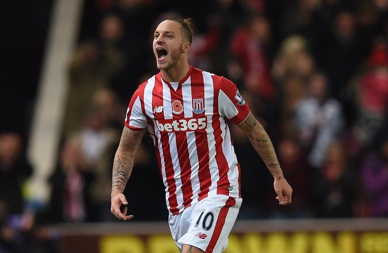 Stoke City striker Marko Arnautovic celebrates after scoring against Chelsea on Saturday for what turned out to be the game’s only goal. Paul Ellis / AFP