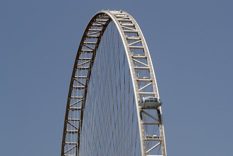 DUBAI, UNITED ARAB EMIRATES , August 24 – 2020 :- First passenger capsule installed on the Ain Dubai observation wheel at Bluewaters Island in Dubai.  (Pawan Singh / The National) For News/Online/Instagram/Big Picture