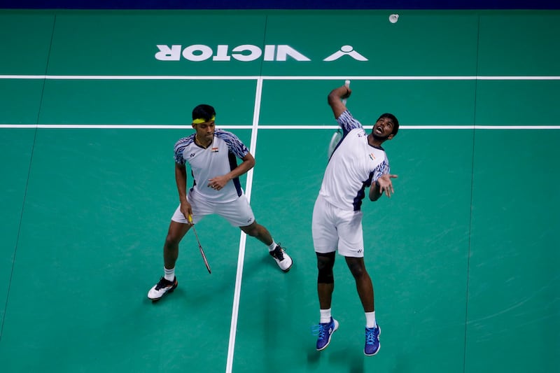 Satwiksairaj Rankireddy, right, and Chirag Shetty of India during the men's doubles final of the Thomas Cup. EPA