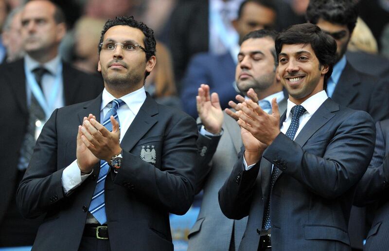 File photo dated 23-08-2010 of Manchester City owner Sheikh Mansour with chairman Khaldoon Al Mubarak (left). Issue date: Wednesday May 26, 2021. PA Photo. We look at some of the key dates in the Manchester City journey from the English third tier to the top of the European game as they prepare for the Champions League final 22 years after escaping Division Two 2008: Club sold by Shinawatra to the Abu Dhabi United Group, the investment vehicle of Sheikh Mansour; Robinho signed for British record Â£32.5million among flurry of big-money deals. See PA Story SOCCER Champions League Man City Timeline. Photo credit should read: Martin Rickett/PA Wire