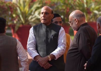 Indian Defence Minister Rajnath Singh (C) speaks after soldiers from India and China clashed at the disputed border. AP