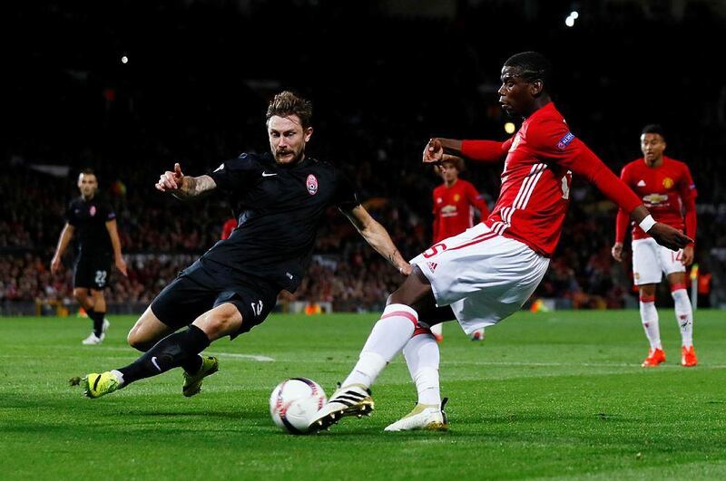 Manchester United's Paul Pogba has a shot at goal against Zorya Luhansk. Reuters / Jason Cairnduff