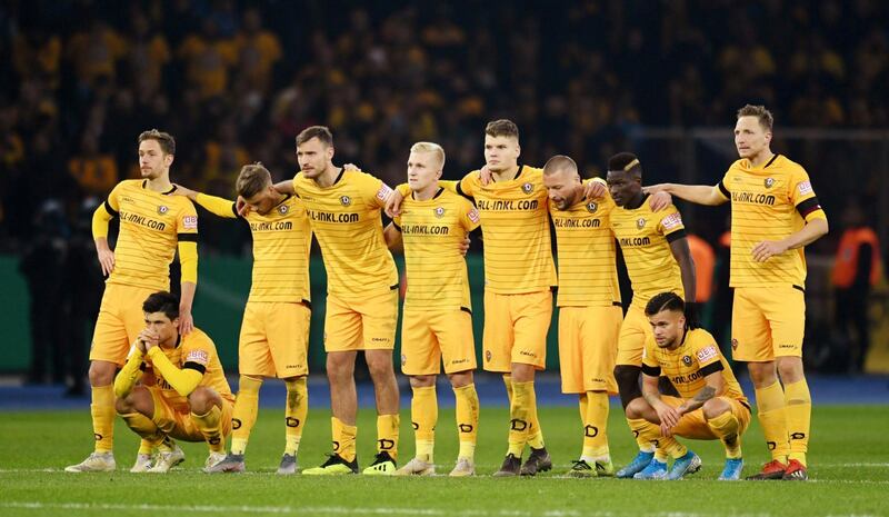 FILE PHOTO: Soccer Football - DFB Cup - Second Round - Hertha BSC v Dynamo Dresden - Olympiastadion, Berlin, Germany - October 30, 2019  Dynamo Dresden players during the penalty shootout  REUTERS/Annegret Hilse  DFB regulations prohibit any use of photographs as image sequences and/or quasi-video/File Photo