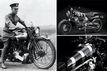 Left: Lt Col T.E. Lawrence or 'Lawrence of Arabia' on his Brough Superior SS100. Right: the modern day Brough Supeior SS100. Getty Images/Brough Superior