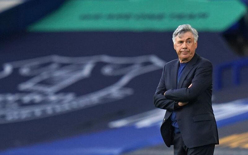 Everton's Italian head coach Carlo Ancelotti looks on from the sidelines during the English Premier League football match between Everton and Liverpool at Goodison Park in Liverpool, north west England on June 21, 2020. RESTRICTED TO EDITORIAL USE. No use with unauthorized audio, video, data, fixture lists, club/league logos or 'live' services. Online in-match use limited to 120 images. An additional 40 images may be used in extra time. No video emulation. Social media in-match use limited to 120 images. An additional 40 images may be used in extra time. No use in betting publications, games or single club/league/player publications.
 / AFP / POOL / Jon Super / RESTRICTED TO EDITORIAL USE. No use with unauthorized audio, video, data, fixture lists, club/league logos or 'live' services. Online in-match use limited to 120 images. An additional 40 images may be used in extra time. No video emulation. Social media in-match use limited to 120 images. An additional 40 images may be used in extra time. No use in betting publications, games or single club/league/player publications.
