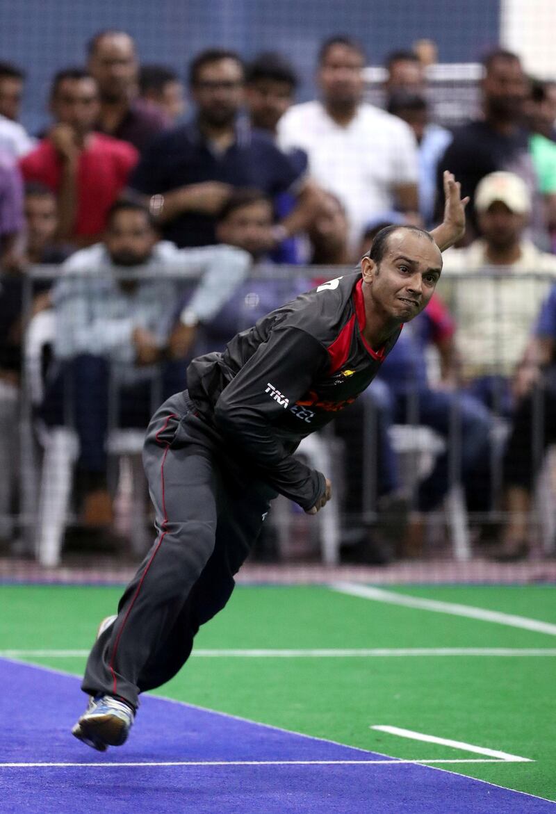 Dubai, United Arab Emirates - September 19th, 2017: Nadir Hassain of the UAE during the game between the UAE v Sri Lanka in the W.I.C.F Indoor cricket world cup 2017. Tuesday, Sept 19th, 2017, Insportz, Al Quoz, Dubai. Chris Whiteoak / The National