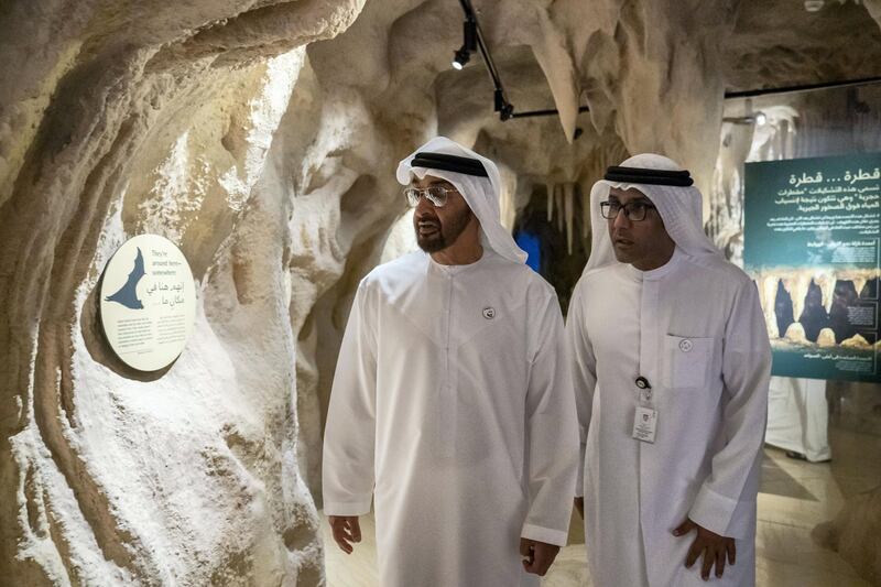 AL AIN, ABU DHABI, UNITED ARAB EMIRATES - January 17, 2019: HH Sheikh Mohamed bin Zayed Al Nahyan, Crown Prince of Abu Dhabi and Deputy Supreme Commander of the UAE Armed Forces (L), tours the Sheikh Zayed Desert Learning Centre (SZDLC), at the Al Ain Zoo. Seen with Ghanim Al Hajeri, Director General of Al Ain Zoo (R).
( Mohamed Al Hammadi / Ministry of Presidential Affairs )
---