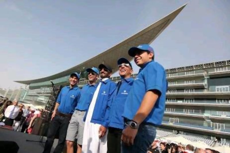 Godolphin jockeys Silvestre de Sousa, Kerrin McEvoy, Ahmed Ajtebi, Frankie Dettori and Mikail Barzalona. Pawan Singh / The National