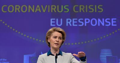 epa08363940 The President of European Commission Ursula von der Leyen holds a press conference on the European Union (EU) response to the coronavirus COVID-19 disease crisis at the EU headquarters in Brussels, Belgium, on April 15, 2020.  EPA/JOHN THYS / POOL