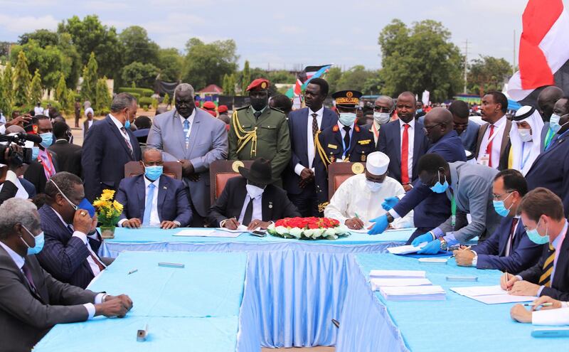Sudan's Sovereign Council Chief General Abdel Fattah al-Burhan, South Sudan's President Salva Kiir, and Chad President Idriss Deby are seen among other delegates as they attend the signing of peace agreement.  Reuters