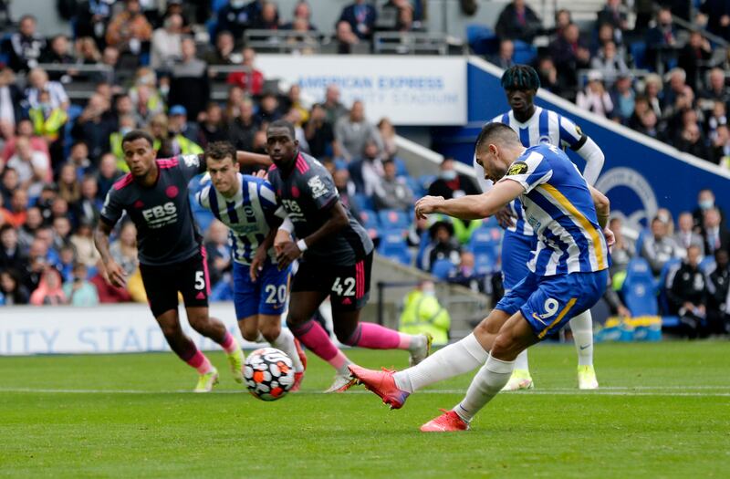 Neal Maupay scores their Brighton's first goal from the penalty spot. Getty