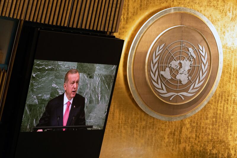 Recep Tayyip Erdogan, Turkey's president, speaking during the United Nations General Assembly in New York, on September 20. Bloomberg