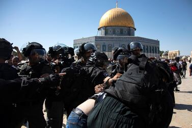 Israeli police clash with Palestinian worshippers at Al Aqsa Mosque compound during the first day of Eid Al Adha in the old city of Jerusalem EPA