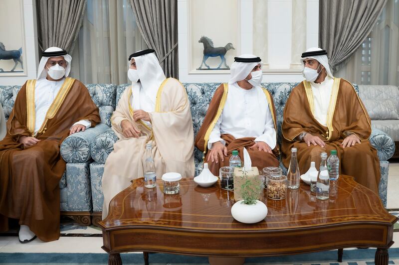 Sheikh Abdullah bin Rashid Al Mualla, Deputy Ruler of Umm Al Quwain, right, Sheikh Abdullah bin Salem Al Qasimi, Deputy Ruler of Sharjah, second right, Sheikh Marwan Al Mualla, left and other sheikhs attend the reception. Photo: Abdulla Al Neyadi for the Ministry of Presidential Affairs