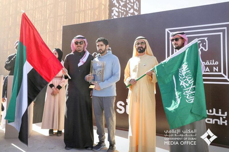 Sheikh Hamdan presented with the trophy for winning the Two Holy Mosques Endurance Cup in Al Ula, Saudi Arabia. Twitter/@DXBMediaOffice