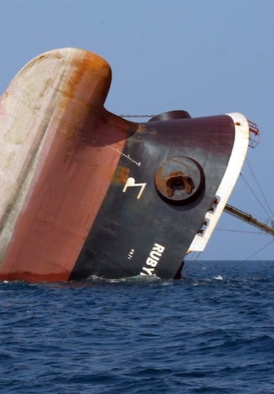 The last part of the British-registered cargo vessel, Rubymar, sinks in the Red Sea, off the coast of Yemen, on March 3. EPA 