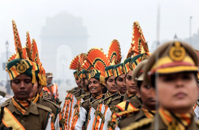 Soldiers take part in a Republic Day parade rehearsal in New Delhi, India. EPA