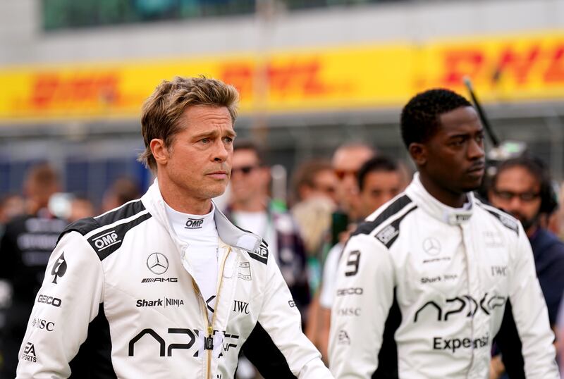 Brad Pitt and Damson Idris filming for a Formula One-inspired movie during the British Grand Prix 2023 at Silverstone in the UK. PA 