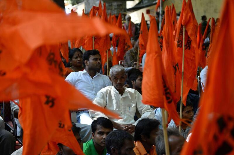 Indian United Hindu Front activists participate in a protest against the alleged 'Love Jihad' movement in New Delhi. Chandan Khanna / AFP 