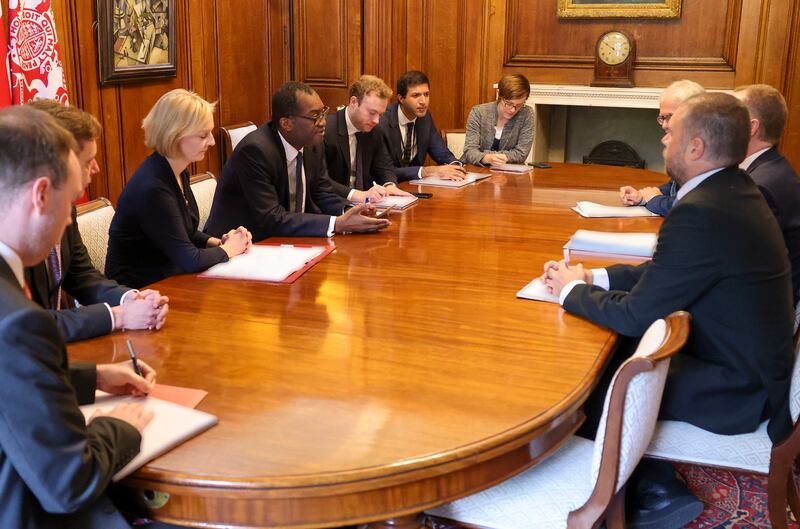 Ms Truss and Mr Kwarteng meet people from the Office for Budget Responsibility in No. 11 Downing Street, in September. Photo: No. 10 Downing Street