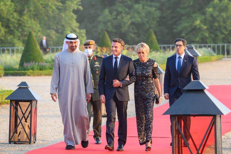 Sheikh Mohamed, Mr Macron, Mrs Macron and Sheikh Mansour bin Zayed Al Nahyan, UAE Deputy Prime Minister and Minister of the Presidential Court.