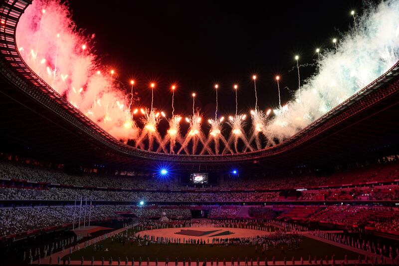 Fireworks during the closing ceremony of the Tokyo 2020 Olympic Games.