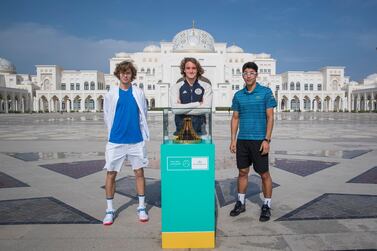 Stefanos Tsitsipas, centre, Andrey Rublev, left, and Hyeon Chung at Qasr Al Watan in Abu Dhabi. Courtesy: Mubadala World Tennis Championship