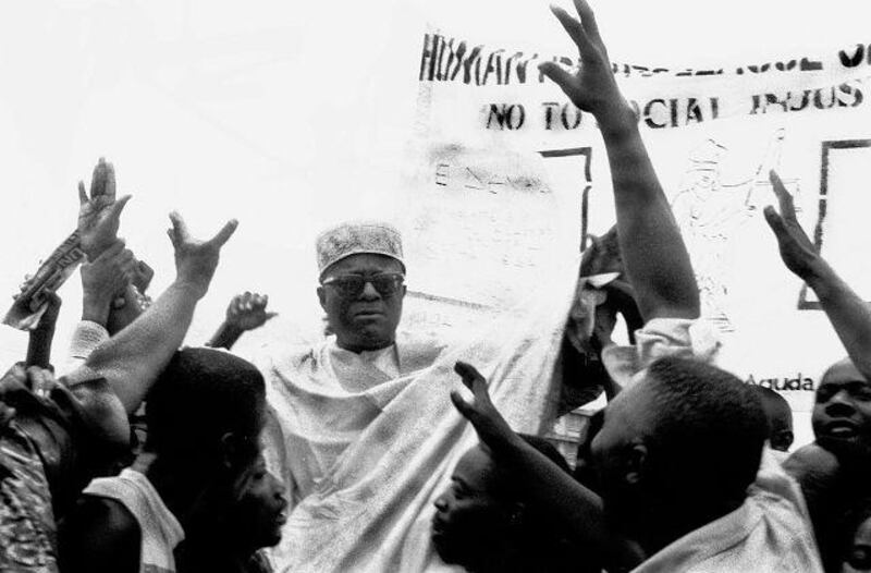 Ganiyu Oyseola Fawehinmi is surrounded by supporters at a pro-democracy rally in 1998 in Lagos.