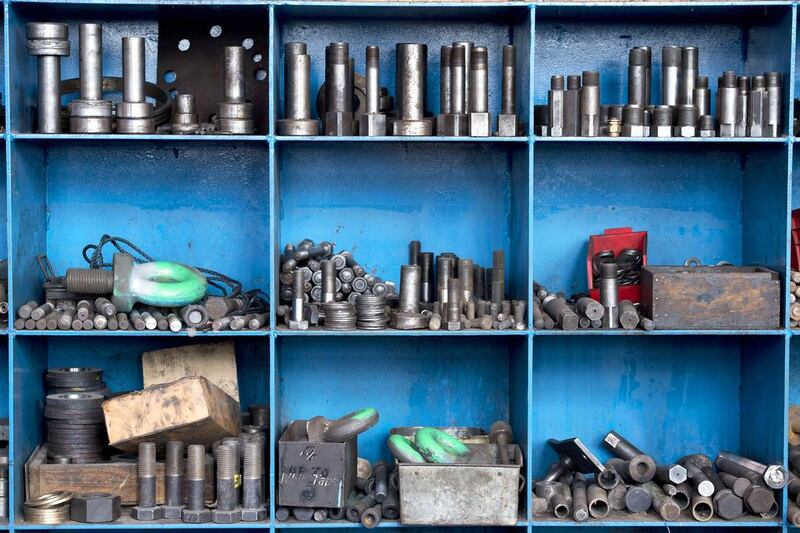 Bolts sit arranged on a shelf in the Machine Shop of Sheffield Forgemasters. Oli Scarff / AFP