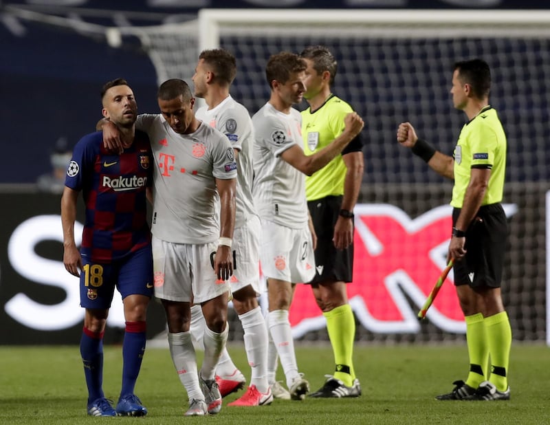 Bayern Munich players celebrate after the astonishing win. EPA