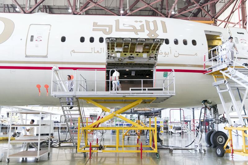 ABU DHABI, UNITED ARAB EMIRATES - OCT 24:

Inside the aircraft hanger at Etihad Airways Engineering facilities.

(Photo by Reem Mohammed/The National)

Reporter: MUSTAFA ALRAWI
Section: BZ