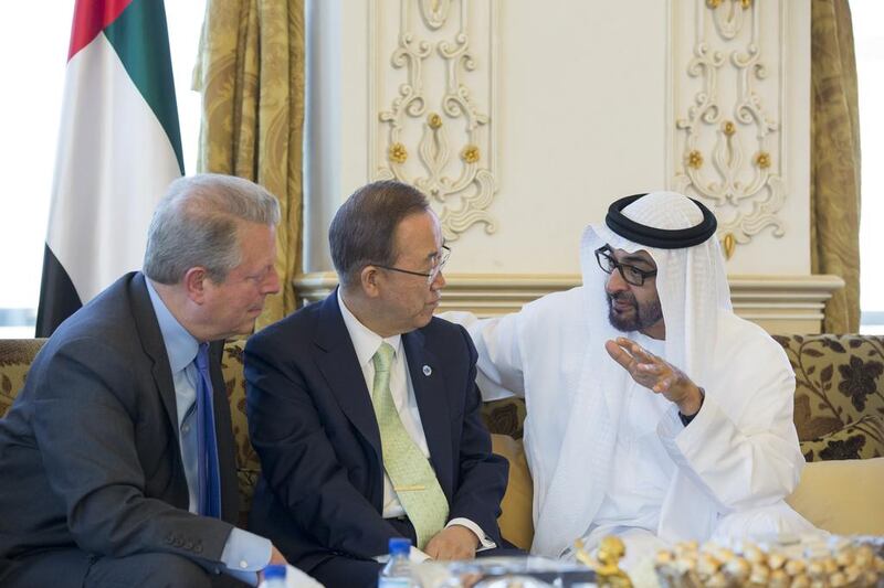 Sheikh Mohammed bin Zayed, Crown Prince of Abu Dhabi and Deputy Supreme Commander of the Armed Forces, with Ban Ki-moon, secretary general of the UN, centre, and Al Gore, former vice president of the US, and chairman of the Climate Reality Project, at the summit. Ryan Carter / Crown Prince Court - Abu Dhabi
