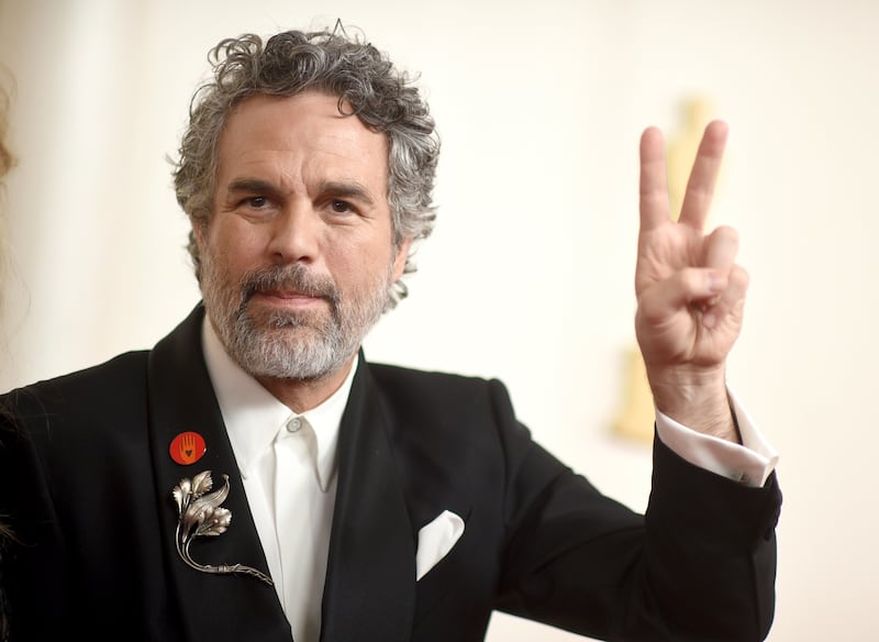 Mark Ruffalo, a star of Poor Things, wears the pin at the Oscars on Sunday. AP