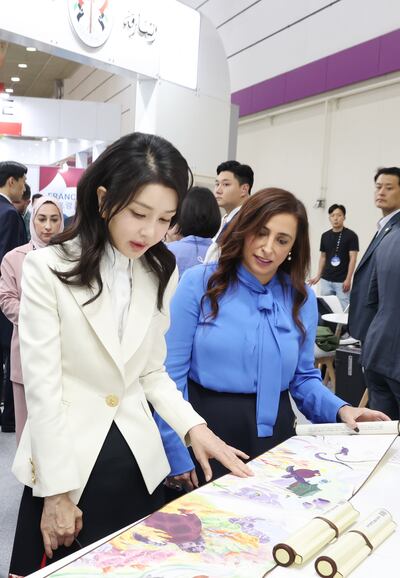 South Korean first lady Kim Keon Hee and Sheikha Bodour Al Qasimi at the Seoul International Book Fair. Photo: Sharjah Book Authority