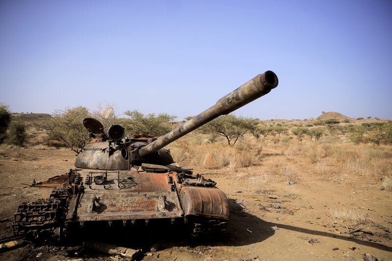 A destroyed tank in a field after fighting between the Ethiopian National Defence Force and Tigray People's Liberation Front forces in Kasagita, Ethiopia. Reuters