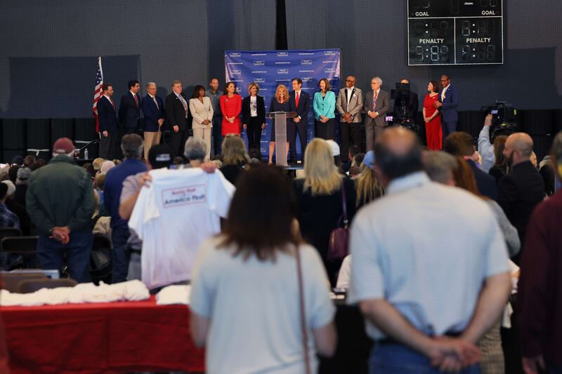 Pennsylvania Republican candidates stand onstage during a Republican leadership forum at Newtown Athletic Club on May 11, 2022 in Newtown, Pennsylvania. AFP