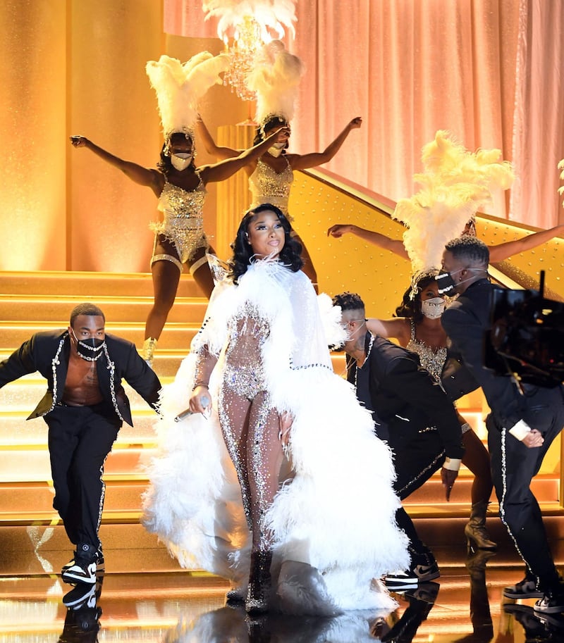 US rapper Megan Thee Stallion performs during the 63rd annual Grammy Awards. Getty Images