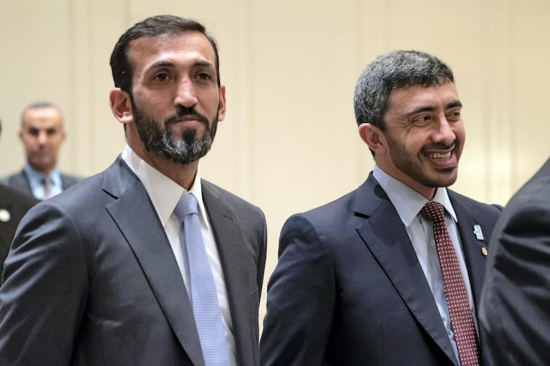 BERLIN, GERMANY - June 12, 2019:HE Mohamed Mubarak Al Mazrouei, Undersecretary of the Crown Prince Court of Abu Dhabi (L) and HH Sheikh Abdullah bin Zayed Al Nahyan, UAE Minister of Foreign Affairs and International Cooperation (R), attend a meeting with representatives of German companies from various sectors, in Berlin.

( Mohamed Al Hammadi / Ministry of Presidential Affairs )
---