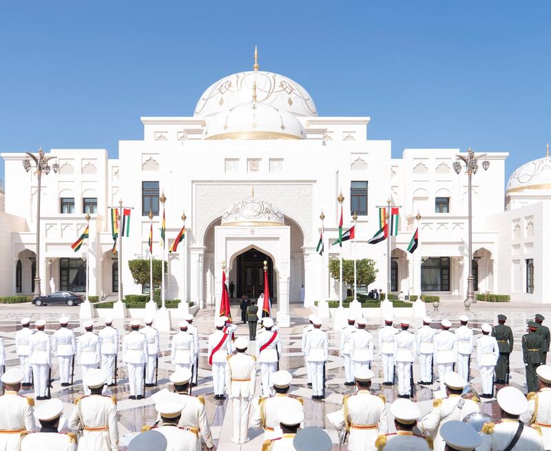 ABU DHABI, UNITED ARAB EMIRATES - November 18, 2019: HH Sheikh Mohamed bin Zayed Al Nahyan, Crown Prince of Abu Dhabi and Deputy Supreme Commander of the UAE Armed Forces (center R) and HE Nana Addo Akufo-Addo, President of Ghana (center L), stand for the national anthem during an official visit reception at Qasr Al Watan. 

( Rashed Al Mansoori / Ministry of Presidential Affairs )
---
